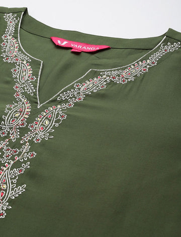 Olive Embroidered Straight Kurta Paired With Tonal Bottom And Contrast Dupatta